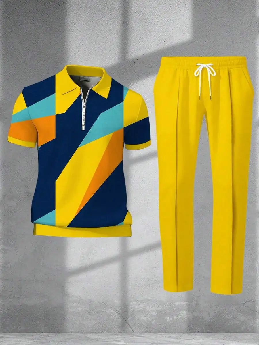 Mens Geometric Print Shirt And Drawstring Pants Casual Streetwear Set