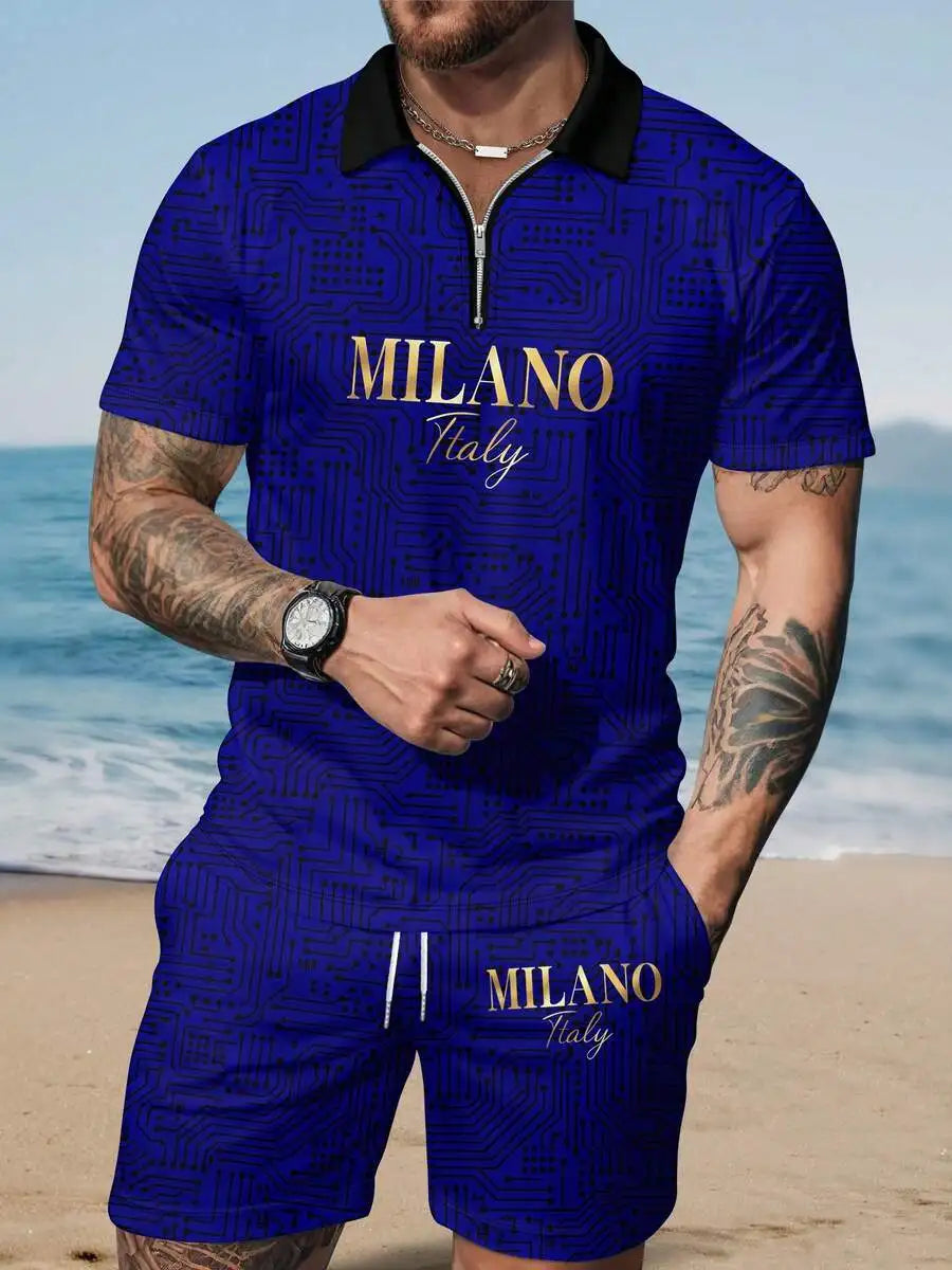 Men's Circuit Pattern Zippered Shirt and Drawstring Shorts Set
