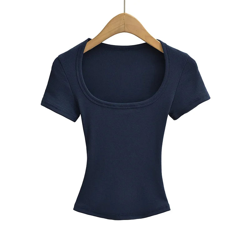 Dozw Square Collar High Stretch Summer Crop Top For Women Slim Fit Short Sleeve