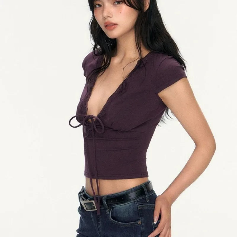 Sexy French Lace Trim T-shirt Women Deep V Neck Lace Up Solid Casual Short Sleeve Summer Vintage Slim Fit Streetwear Crop Tops