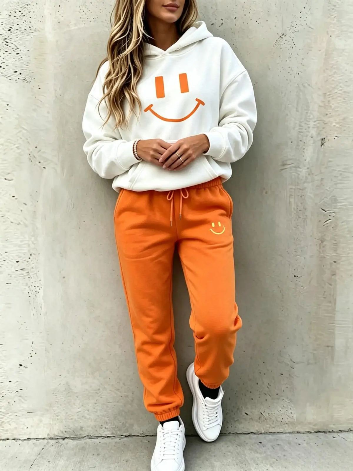 Women Smile Face Casual Hoodie And Jogger Tracksuit Set
