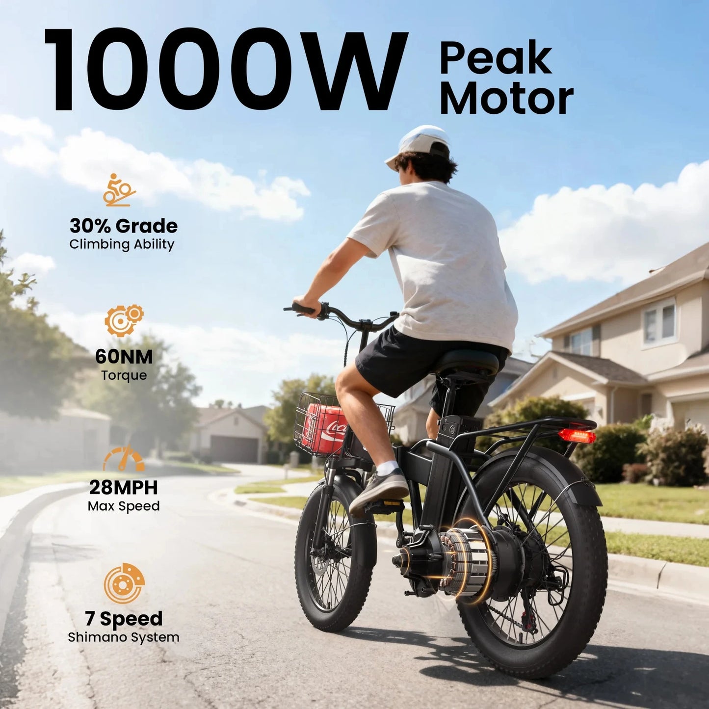 QRONGE Waterfall Folding Electric Bike 1000W Peak 48V Removable Battery