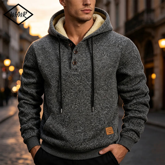 Mens Sherpa Fleece Lined Henley Hoodie Pullover Sweatshirt