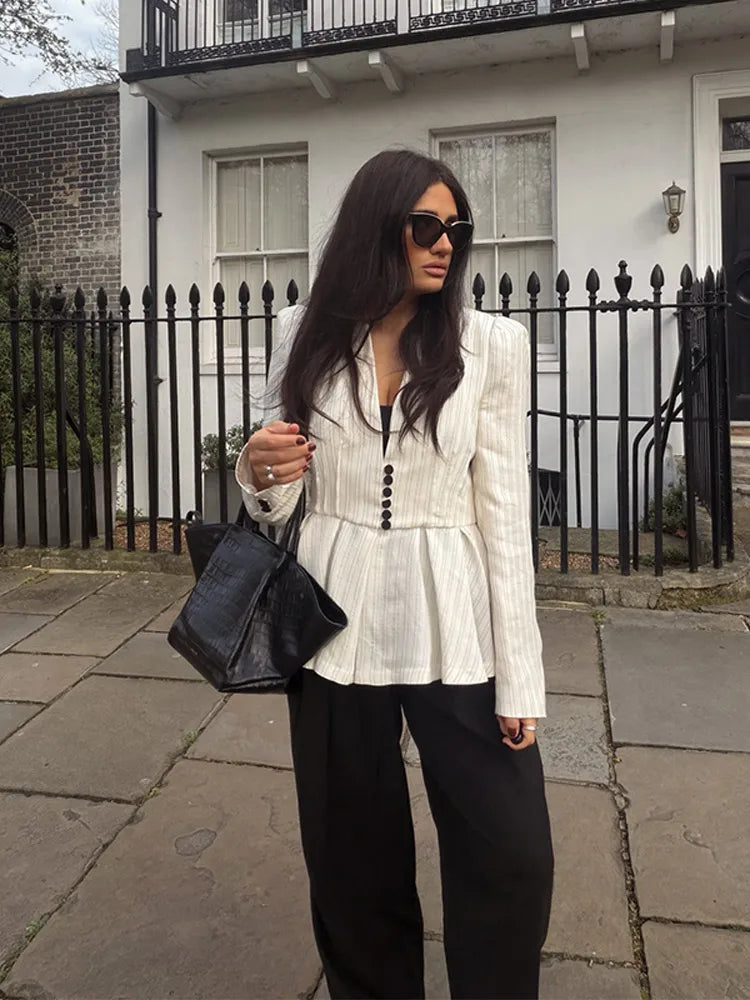 Chin Sweety Striped Peplum Blazer Blouse For Women Office Wear