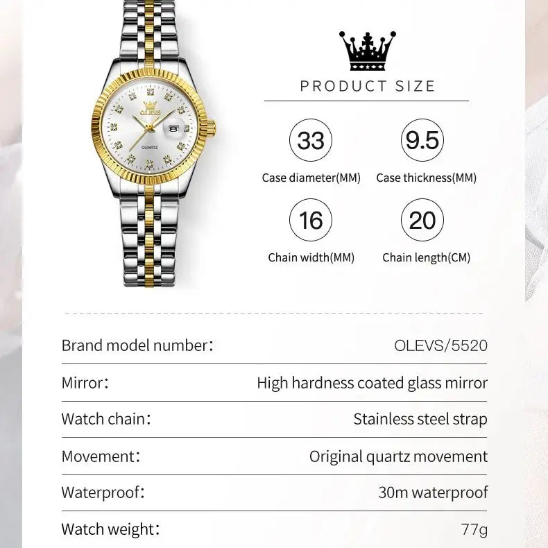 OLEVS Luxury Diamond Ladies Wristwatch Stainless Steel Waterproof