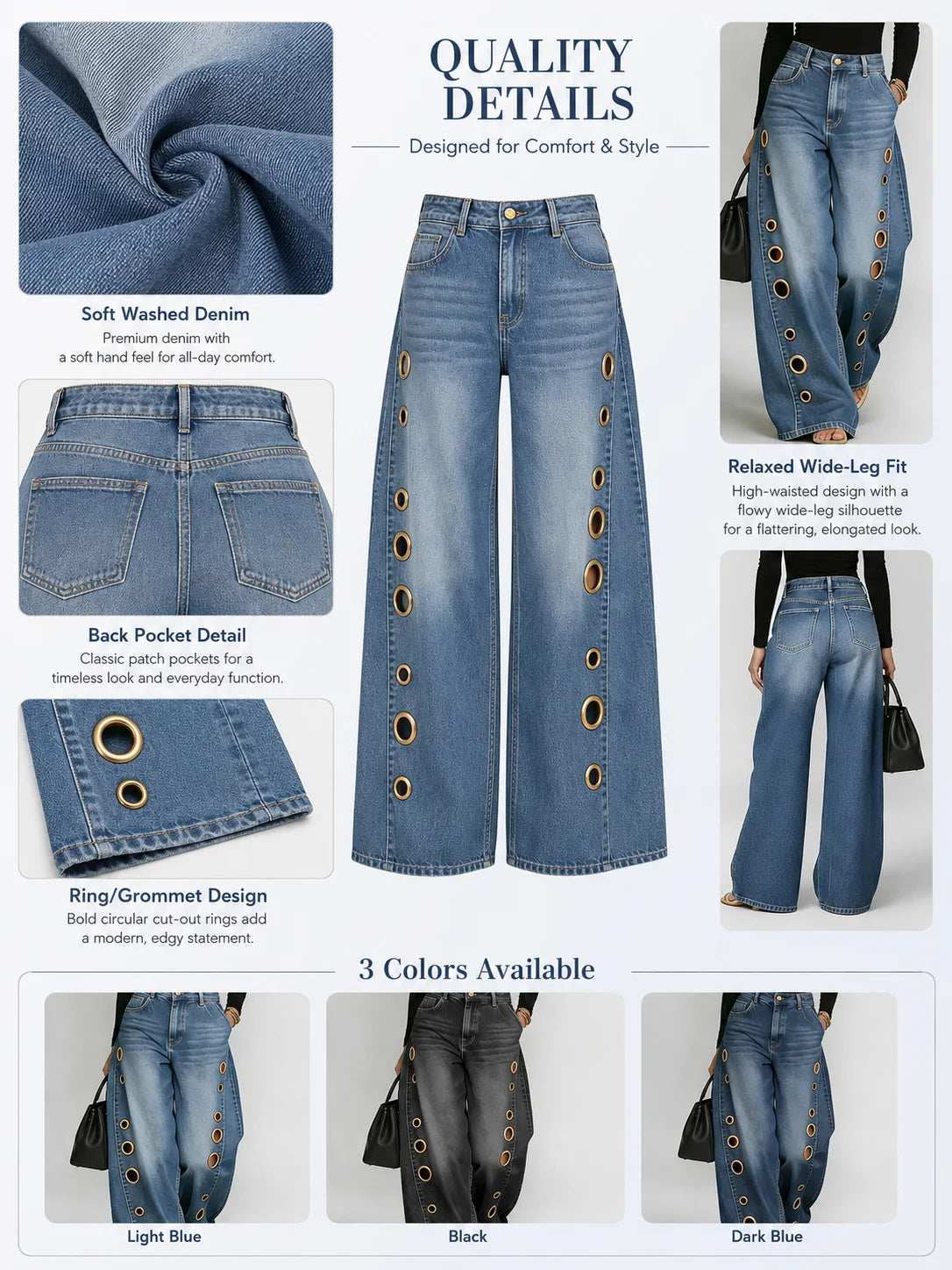 Women High Waist Wide Leg Cutout Denim Jeans With Pockets