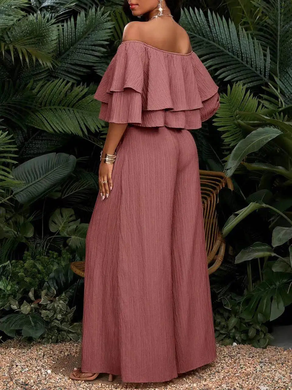 Womens Off Shoulder Ruffle Crop Top Wide Leg Pants Set