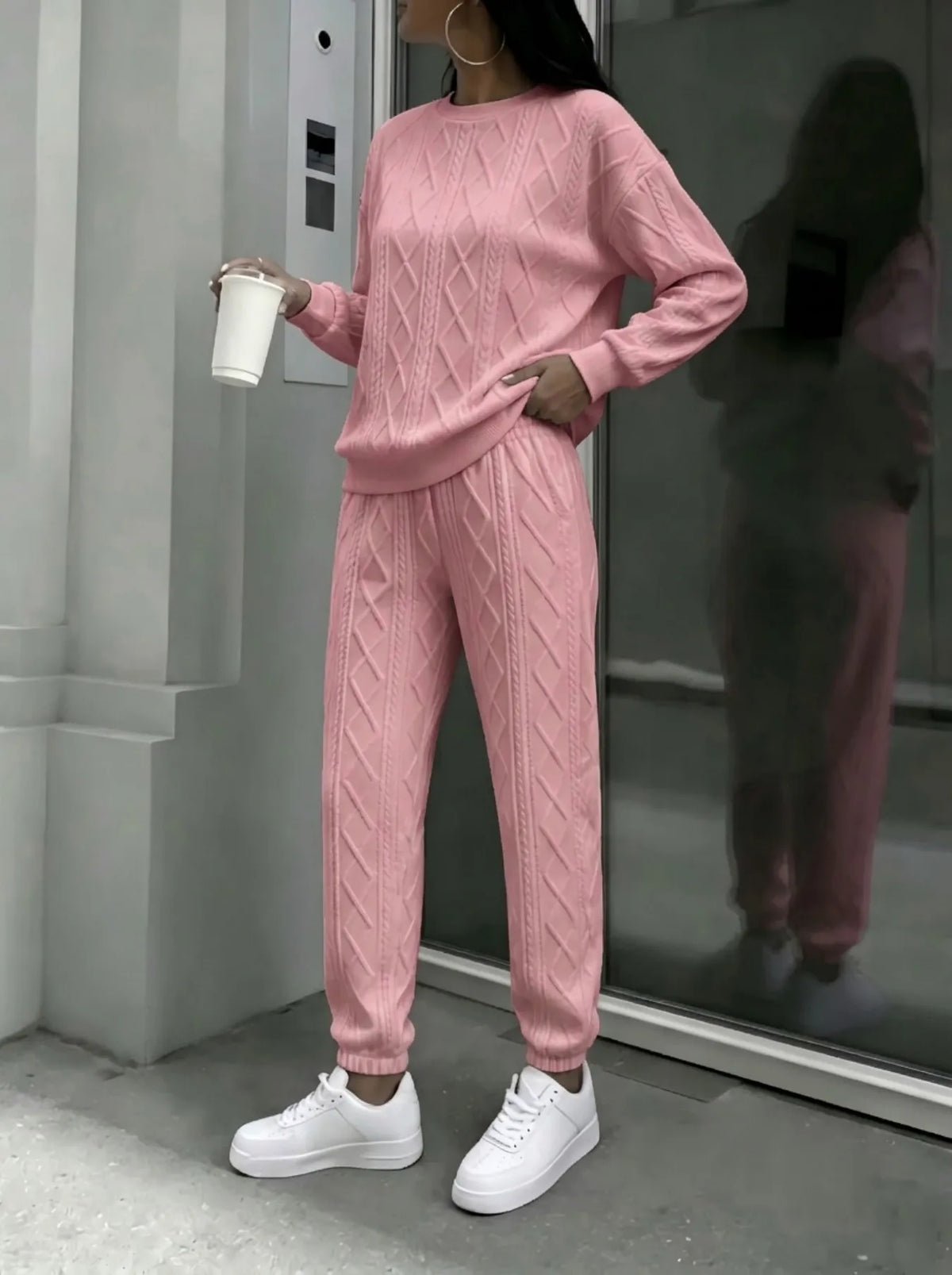 Women Cable Knit Crewneck Sweater And Jogger Pants Set